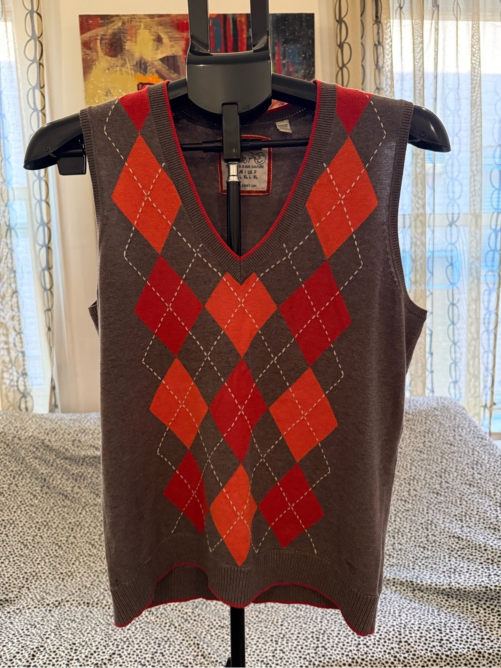 Esprit Gray V-Neck Argyle Sweater Vest with Red & Orange Diamonds